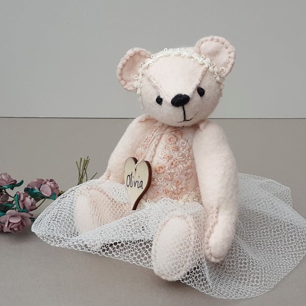 Ballerina bear, one of a kind artist teddy bear, collectable embroidered bear