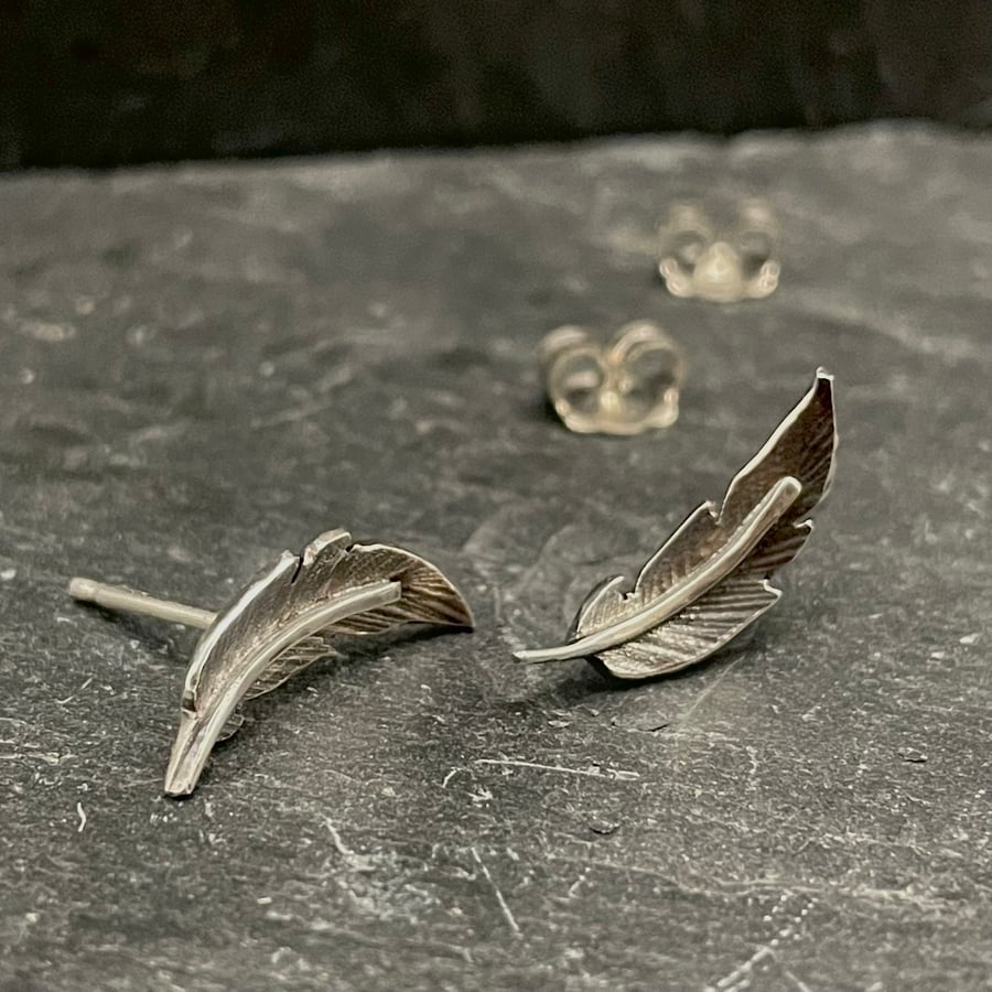 Handmade Sterling Silver Oxidised Earrings -Tiny Silver Feather Stud