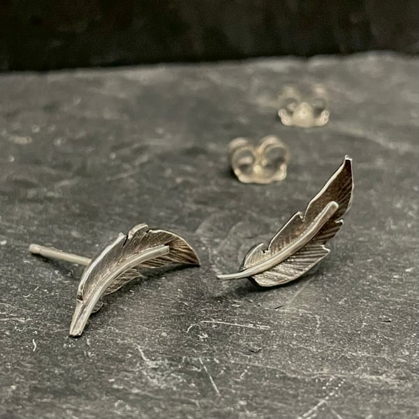 Handmade Sterling Silver Oxidised Earrings -Tiny Feather Stud