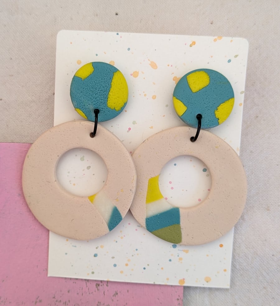 Fimo earrings in cream, blue, yellow and green