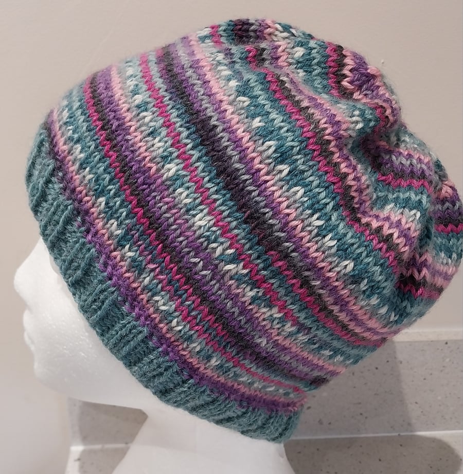Handknit Beanie Hat 100% MERINO Fairisle effect Pinks Greens