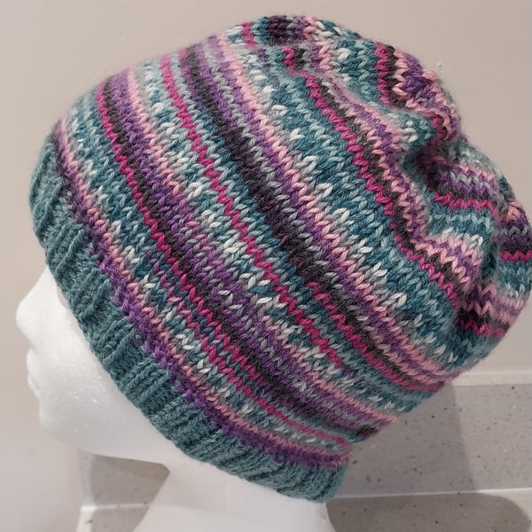 Handknit Beanie Hat 100% MERINO Fairisle effect Pinks Greens