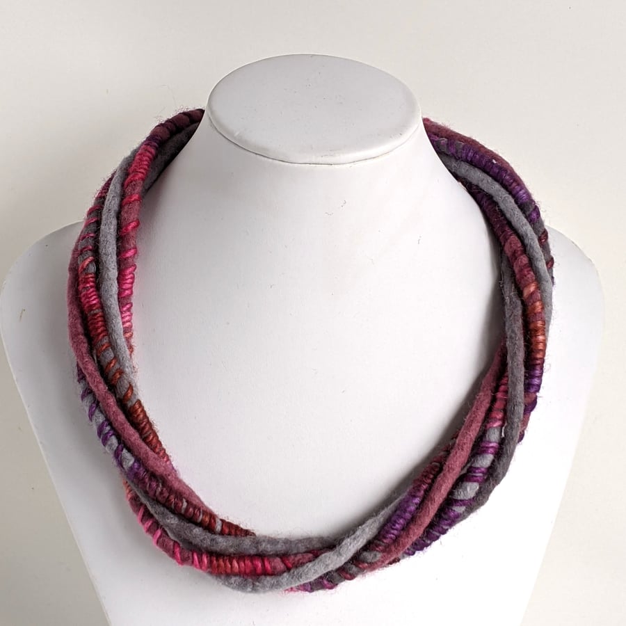 The Wrapped Twist: felted cord necklace in shades of grey and pinky purples
