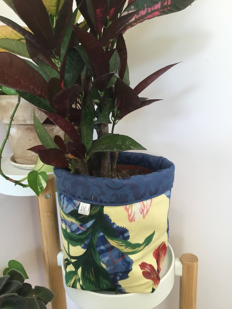 Large fabric basket: plant pot, cosmetics etc. Yellow floral, blue lining