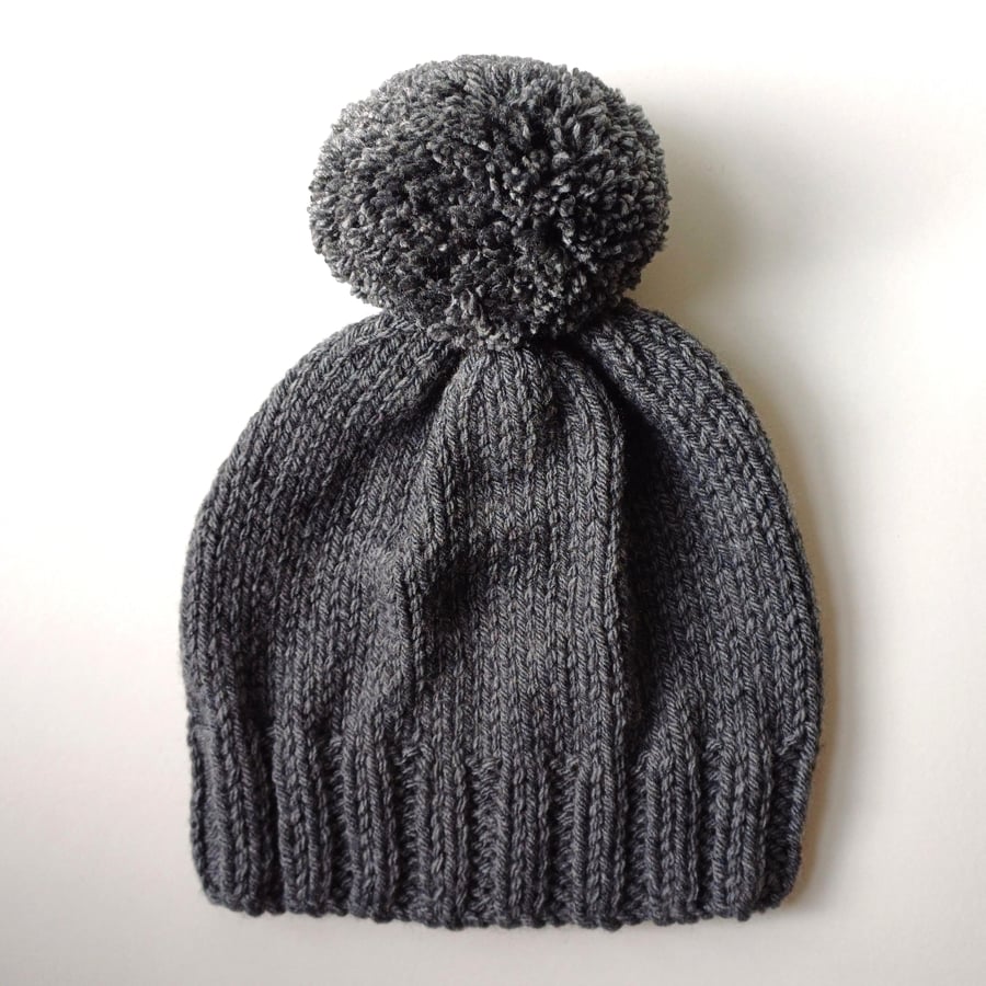 Bobble Hat in Grey Chunky Yarn