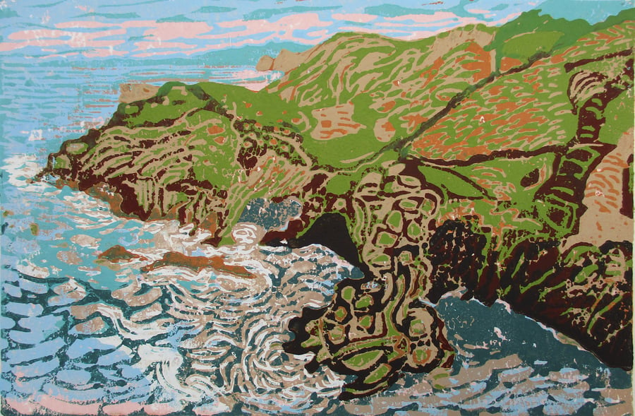 Barras Nose and Tintagel Haven - Original Hand Pressed Linocut Print on Paper