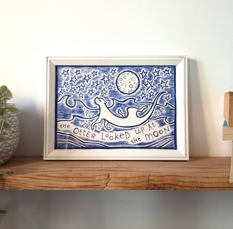 Otter Moon Giclee Print, Whimsical Joyful Home Art, Animal Illustration