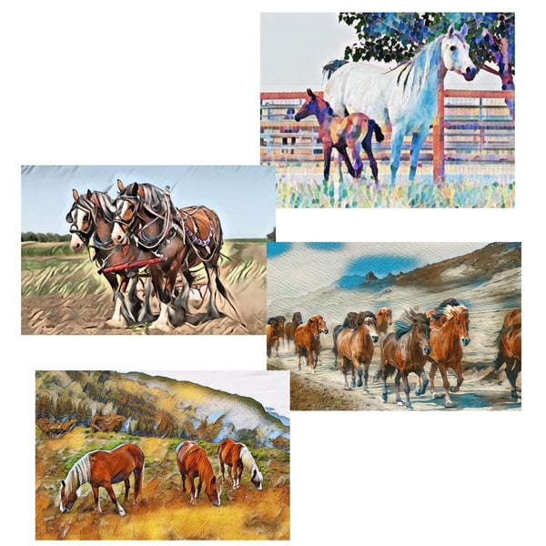  Pack of 4 Mixed Horse Pony Themed Cards A6 