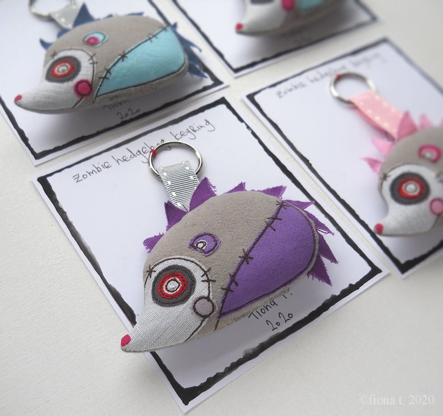 freehand embroidered zombie hedgehog bag charm keyring purple