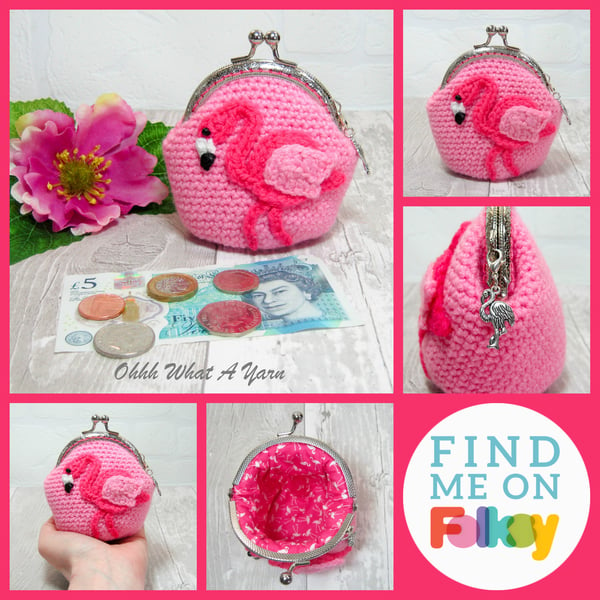 Crochet pink flamingo purse, crochet purse, coin purse, flamingo coin purse
