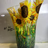 A hand painted and fired large fluted glass vase by Andrew Jenkins 