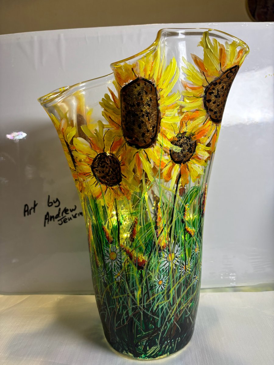 A hand painted and fired large fluted glass vase by Andrew Jenkins 