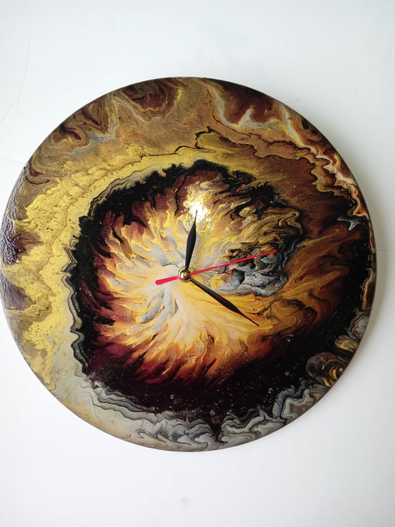 "Golden Vortex Of Secrets" Hand-Painted Fluid Art Wall Clock, Silent Home Decor