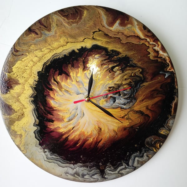 "Golden Vortex Of Secrets" Hand-Painted Fluid Art Wall Clock, Silent Home Decor