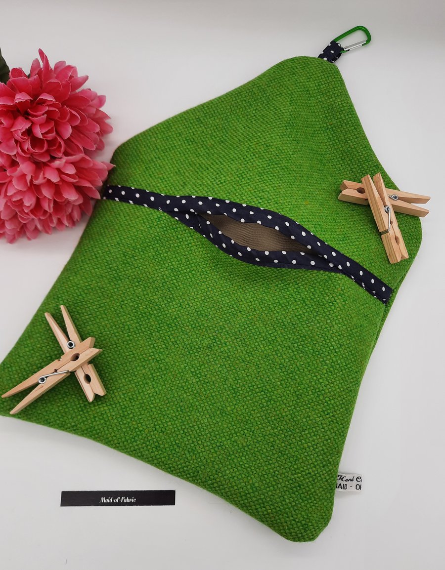 Green tweed clip on peg bag with navy polkadot trim, free uk delivery 