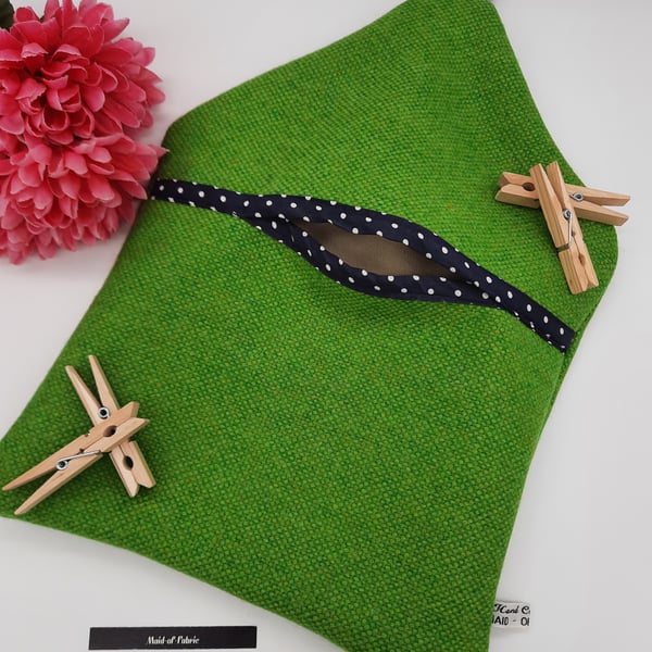 Green clip on peg bag with navy polkadot trim, free uk delivery 
