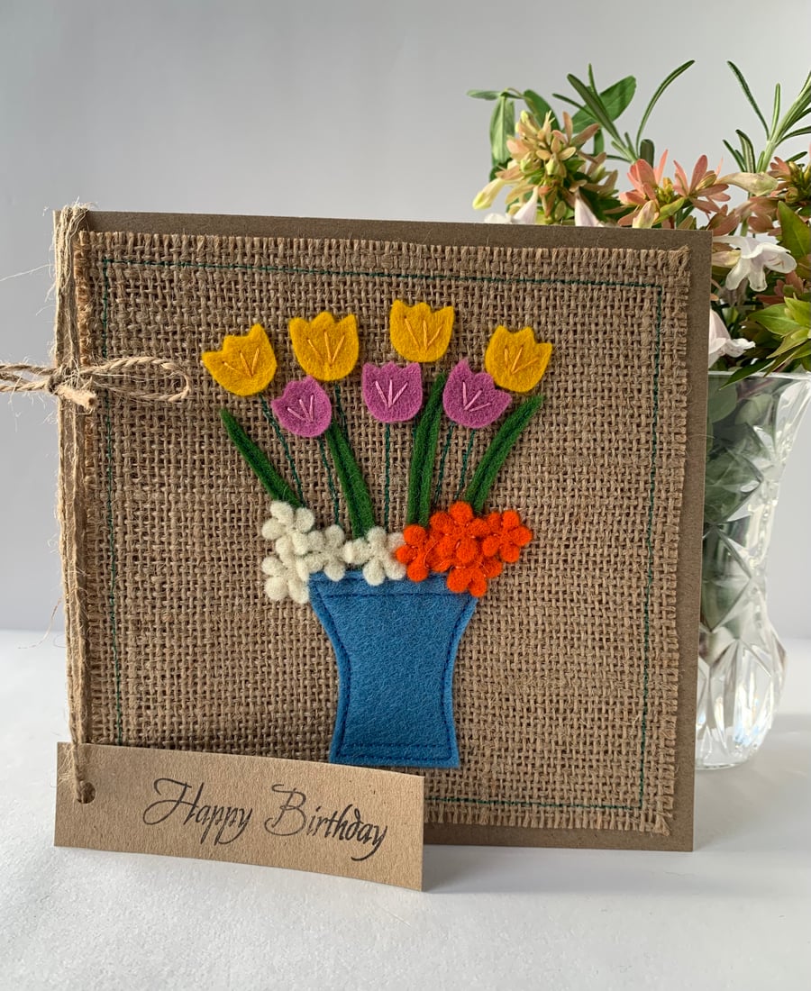 Handmade Birthday Card. Bright flowers in a blue vase. Keepsake card.