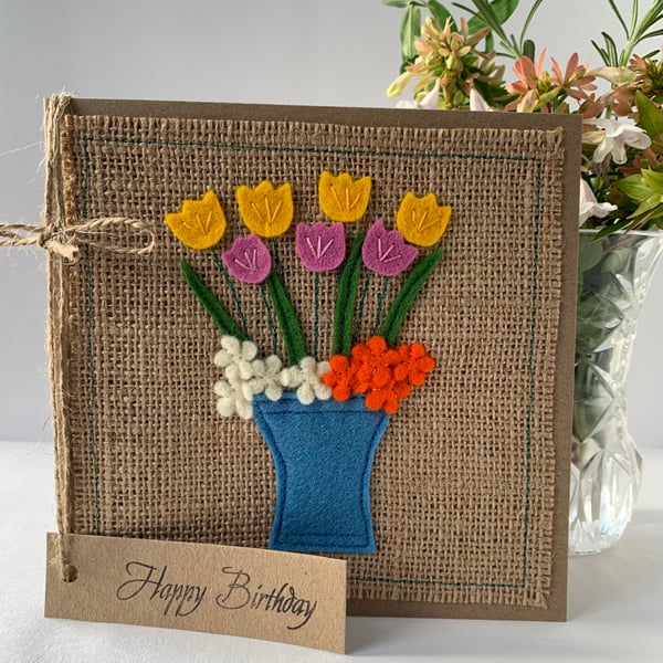 Handmade Birthday Card. Bright flowers in a blue vase. Keepsake card.