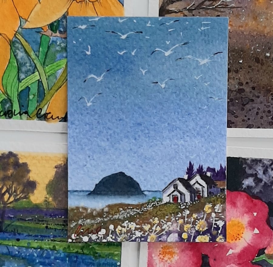Handpainted ACEO Trading Card Of Ailsa Craig and Cottages. Small Painting