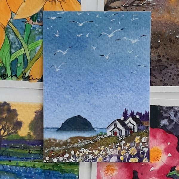 Handpainted ACEO Trading Card Of Ailsa Craig and Cottages. Small Painting