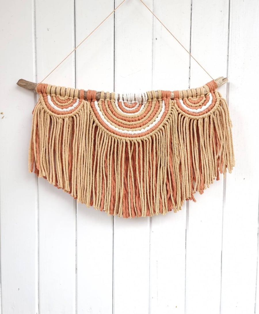 Macrame wall hanging, semi circle home decor, driftwood, autumn colours