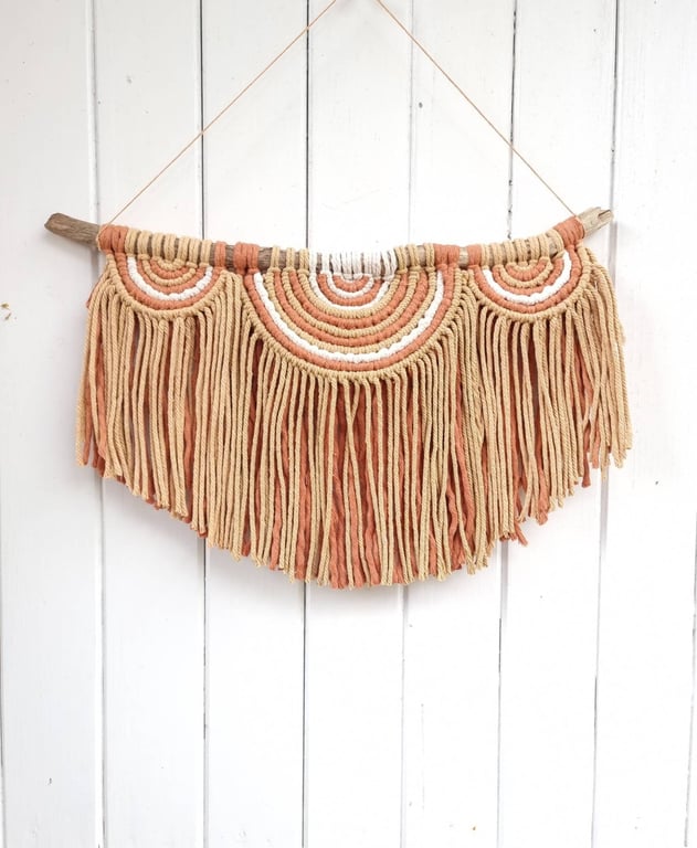 Macrame wall hanging, semi circle home decor, driftwood, autumn colours