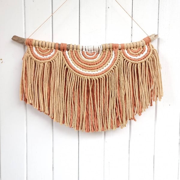 Macrame wall hanging, semi circle home decor, driftwood, autumn colours