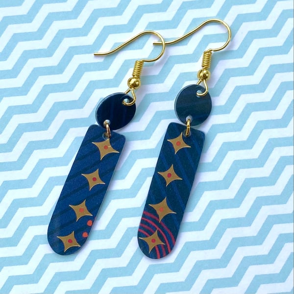 Recycled plastic dark blue & gold patterned oblong earrings