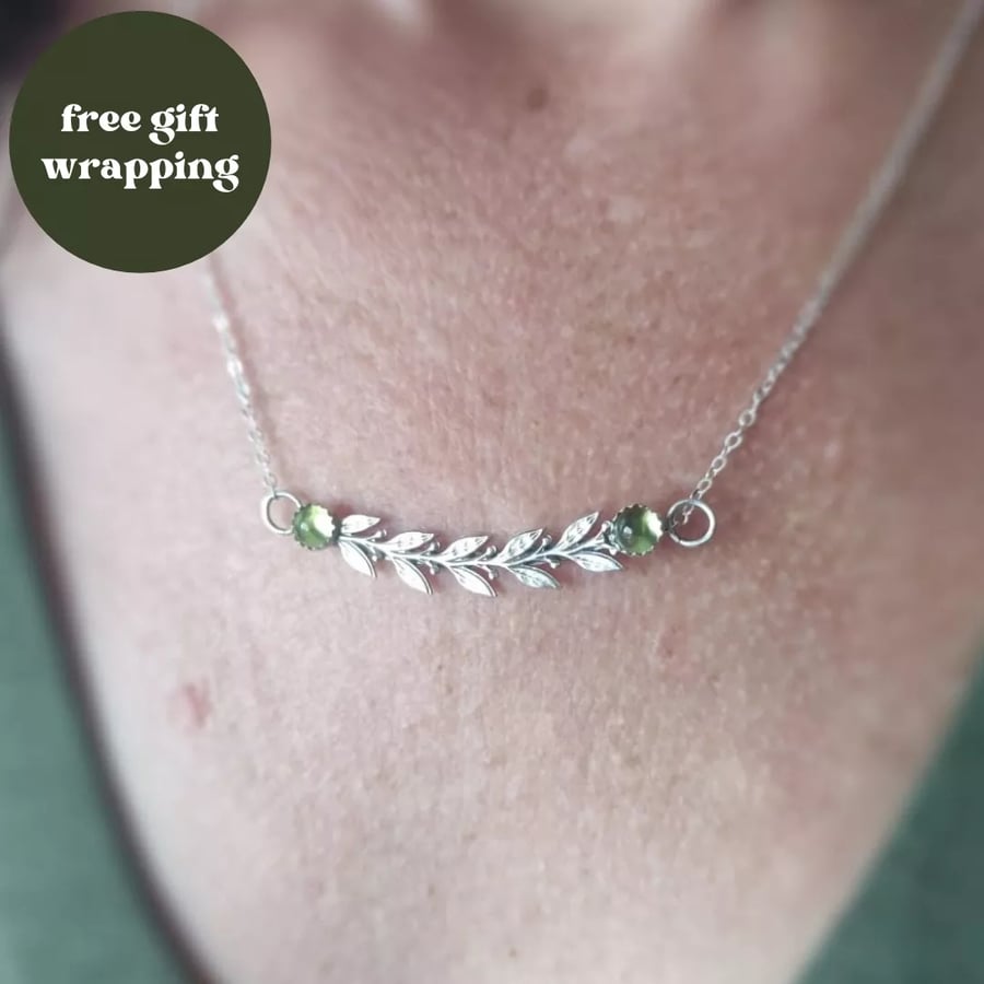 Peridot Leaf and Twig Silver Necklace