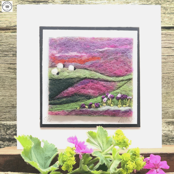 Greeting card landscape summer sheep felt painting letterbox gift fibre art