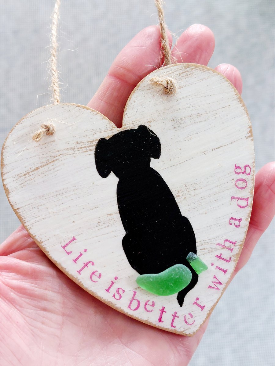 Sea Glass Dog Decoration, Beach Glass Hanging Heart Ornament Gift for Dog Lovers