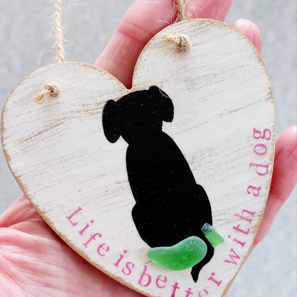 Sea Glass Dog Decoration, Beach Glass Hanging Heart Ornament Gift for Dog Lovers