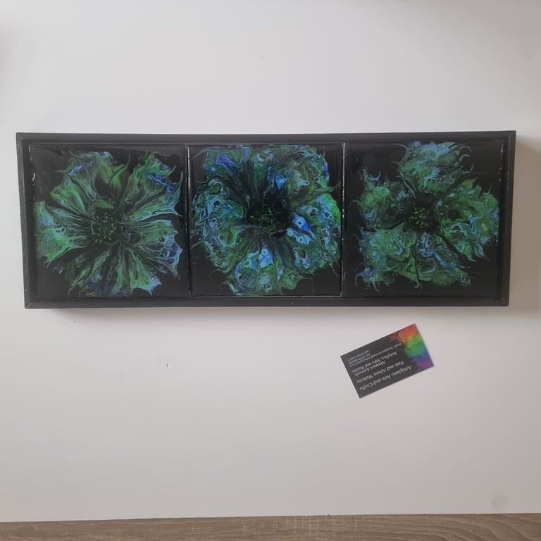 (2) Abstract Fluid Art mounted as a Green Triptych in a Black Frame