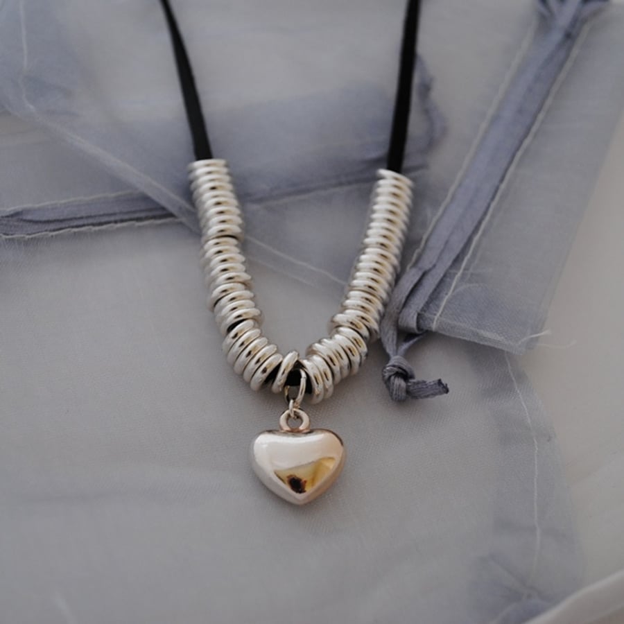 Sale - Black suede & silver heart necklace
