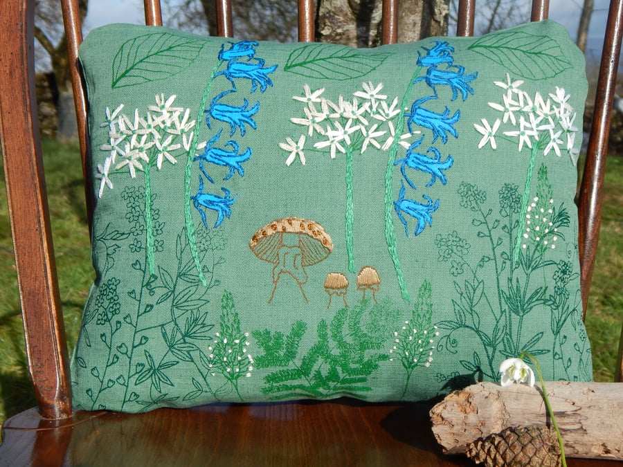 Dark green - 'In the Woods' - Screen printed wild flower cushion 
