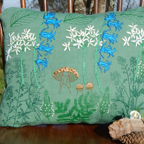 Dark green - 'In the Woods' - Screen printed wild flower cushion 