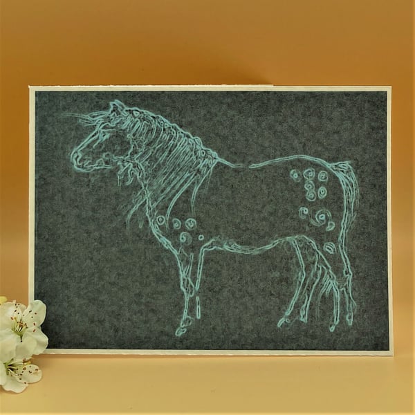 Greetings card, Welsh Pony or horse, Aqua green blue colour, Blank. 