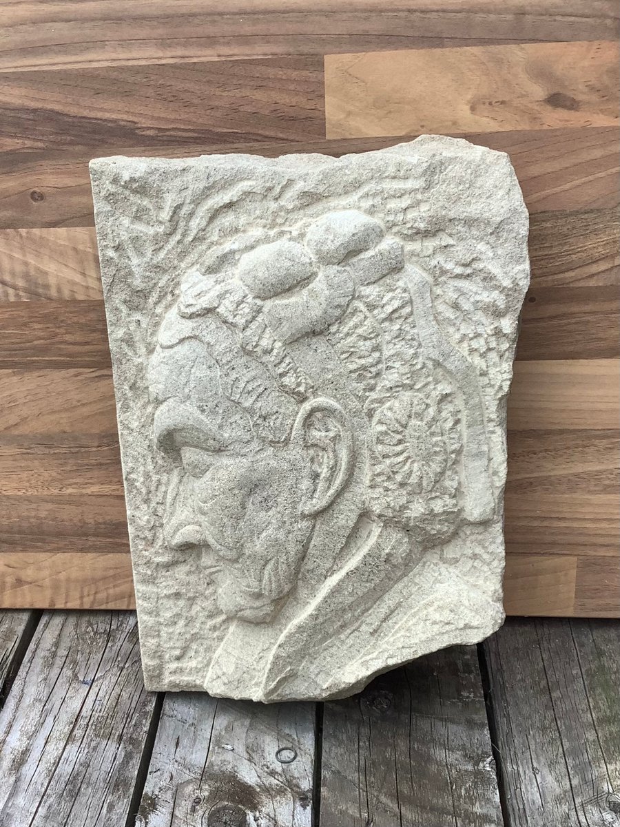 Stone Carving Portrait Old Lady with bonnet - Garden Outdoor Ornament Sculpture