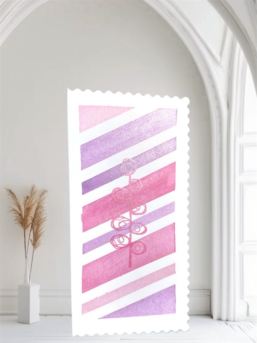 Blank Hand painted watercolours card, pearlescent pink with abstract design 
