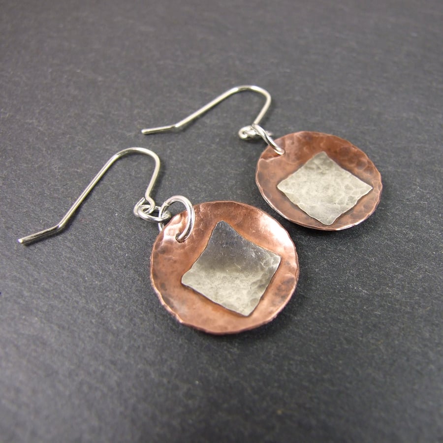 Earrings, Artisan Copper & Sterling Silver Geometric Circles