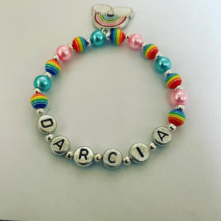 Personalised rainbow stretch beaded bracelet adult or childrens sizes