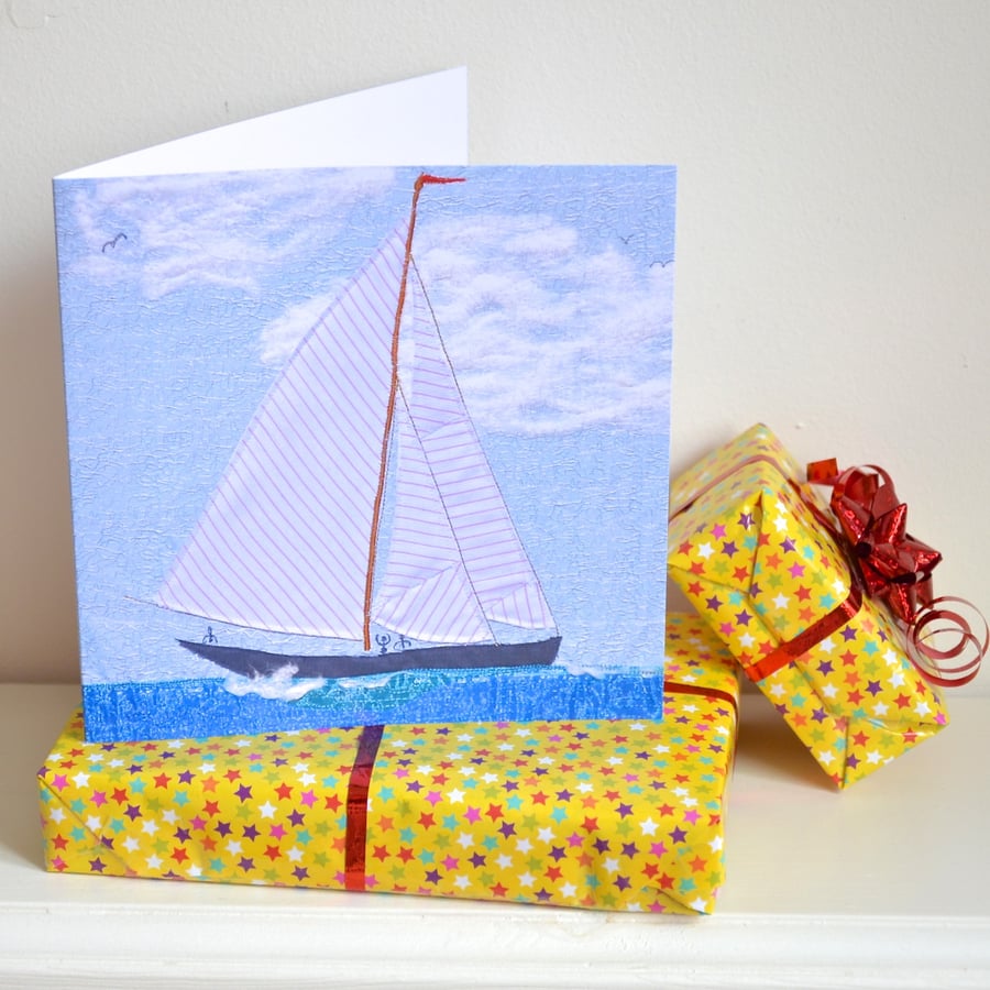 Father's day Sailing boat  card - textile artwork reproduction