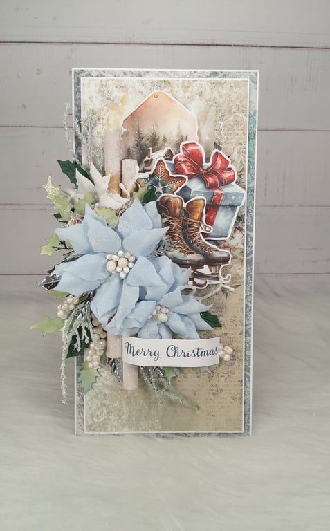 Luxury Handmade Christmas Card. Ice Skates, Blue Poinsettia & Winter Scene. (18)