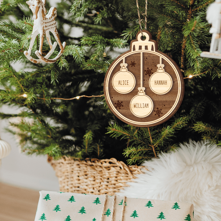Family Bauble - Personalised Family Names Christmas Decoration, Duel Wood, Custo