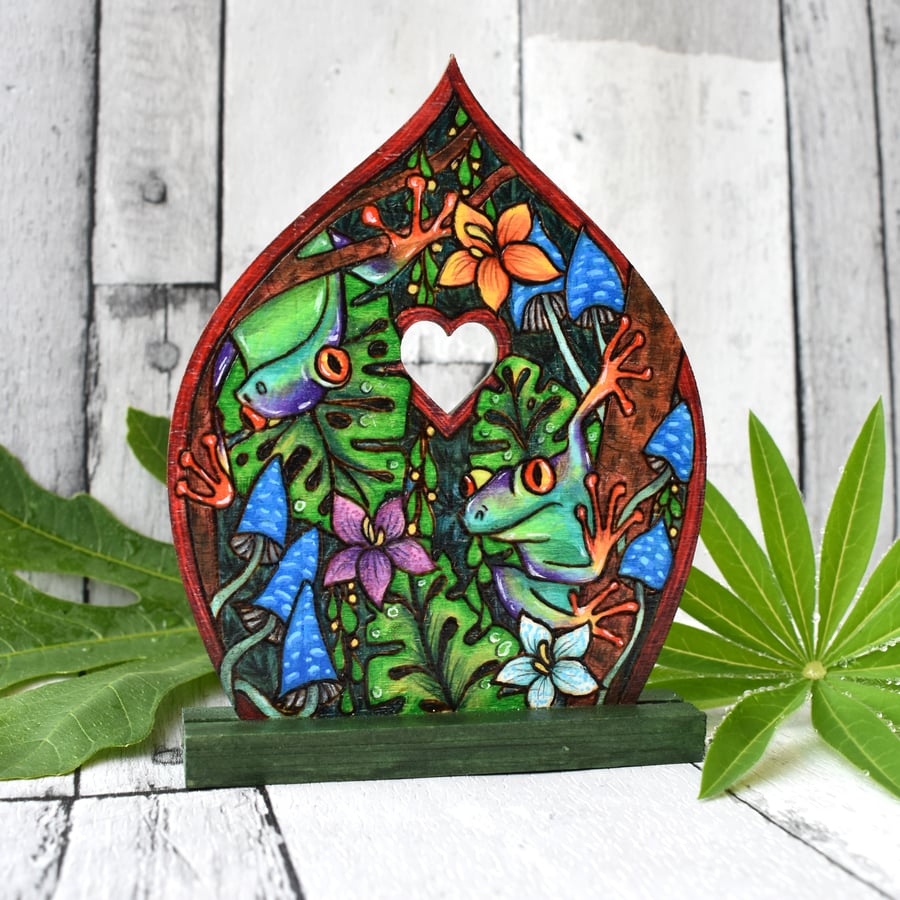 Tropical frogs fairy door. Pyrography decoration.