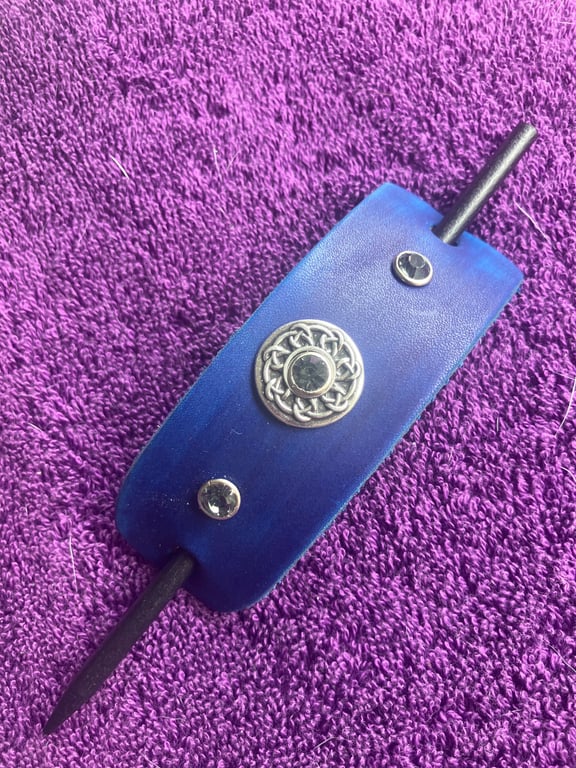 Dyed Blue Leather Hair Stick Barrette - Celtic Knot centre with 3 Grey Gemstones