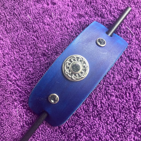 Dyed Blue Leather Hair Stick Barrette - Celtic Knot centre with 3 Grey Gemstones