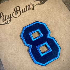 Embroidered Iron on Patch - Number 8 - Blue 52mm x 35 mm