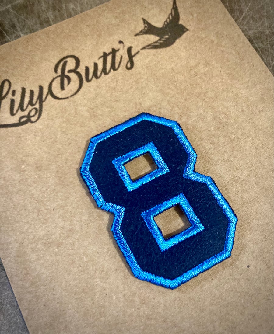 Embroidered Iron on Patch - Number 8 - Blue 52mm x 35 mm