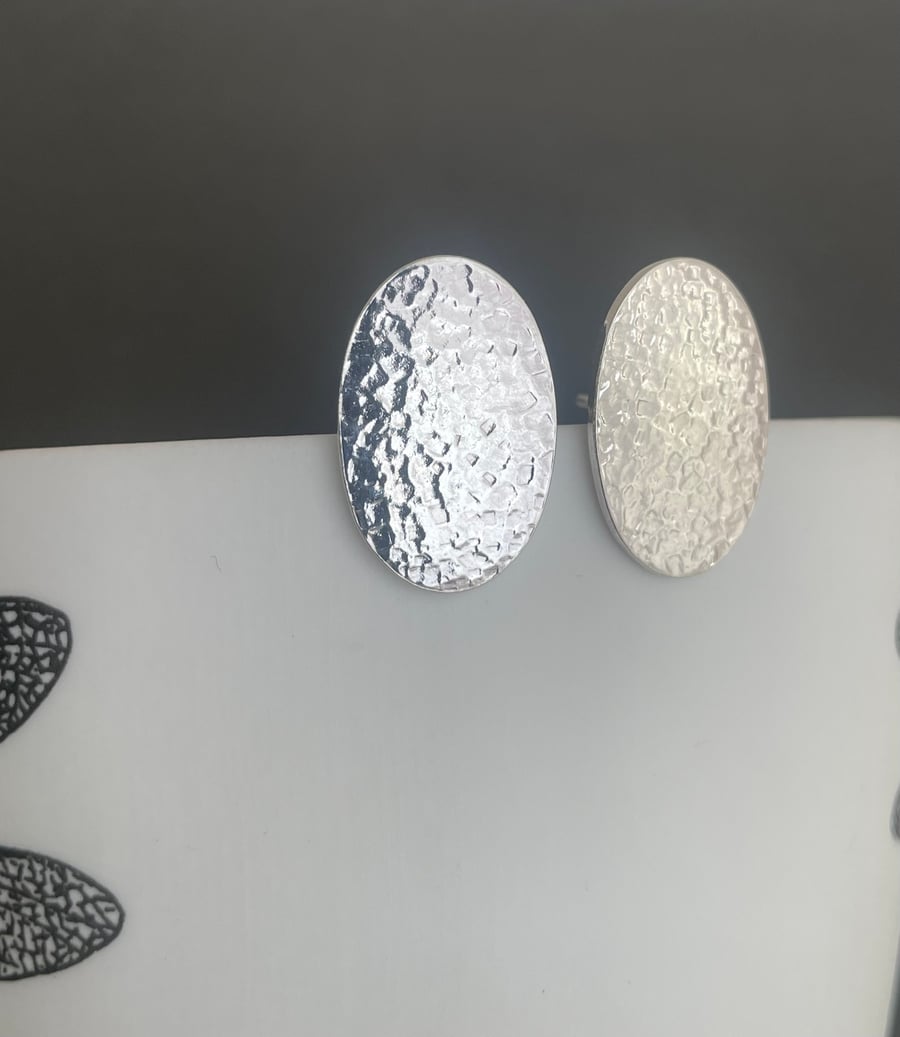 Sterling Silver Oval Ear Stud Earrings 19 x 12.5mm Hammered Sparkly Textured 
